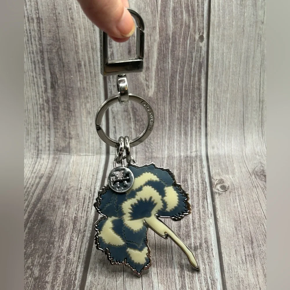 TORY BURCH Carnation Enamel Bag Charm/ Keychain Blue White Silver